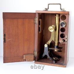 ANTIQUE BRASS HENRY CROUCH LONDON 1242 withNikon E Plan 4/0.1 Microscope Objective