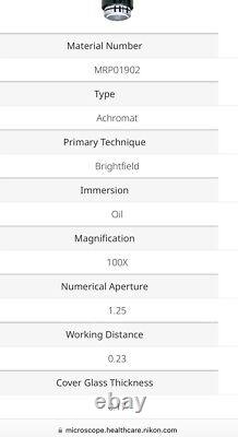 Nikon Microscope Objective Lens CFI Plan 100x/1.25 Infinity 0.17 WD 0.23 M25